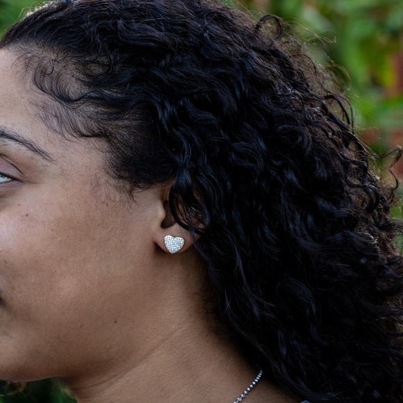 Womens Heart Large Yellow Gold 925 Sterling Silver Micro Pave Iced Stud Earrings - Picture 5 of 5